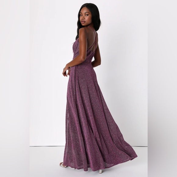 Lulu’s Truly Dazzling Magenta Purple Multi Glitter Sparkle Spaghetti Straps Gown - Picture 4 of 11